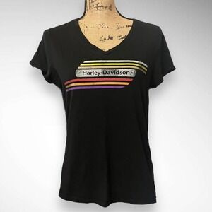 HARLEY DAVIDSON Women's Black V-neck Colorful Graphic T-Shirt Medium |‎ EUC